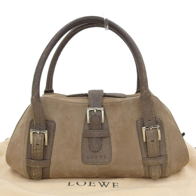 【本物保証】 布袋付 ロエベ LOEWE センダ ハンドバッグ オーストリッチ スエード ブラウン ベージュ