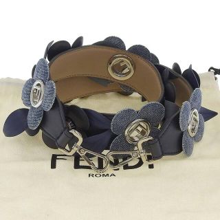 アザー(other)の【本物保証】 布袋付 新品同様 フェンディ FENDI ストラップユー フラワー ショルダーストラップ デニム×レザー 紺 ネイビー 花柄(その他)