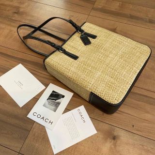 コーチ(COACH)のCOACH トートバック カゴバック ストロー×レザー ブラック (かごバッグ/ストローバッグ)