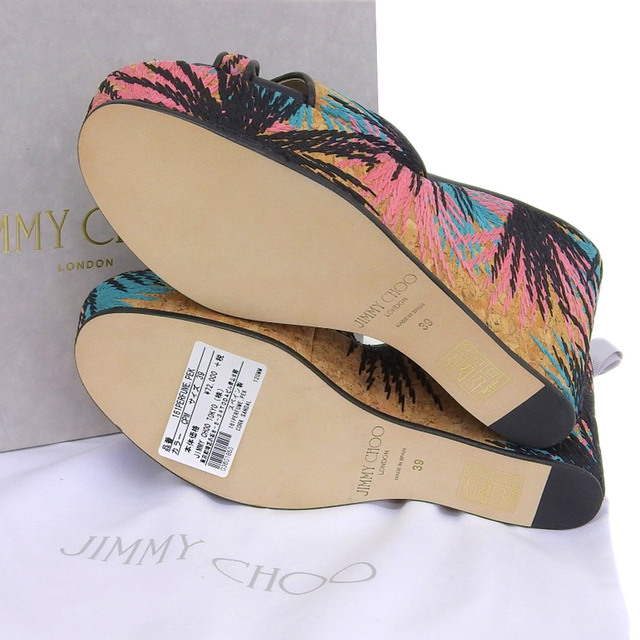 JIMMY CHOO(ジミーチュウ)の【本物保証】 未使用 ジミーチュウ JIMMY CHOO ウェッジソール サンダル 刺繍 ベージュ 黒 ピンク 水色 39 レディースの靴/シューズ(サンダル)の商品写真