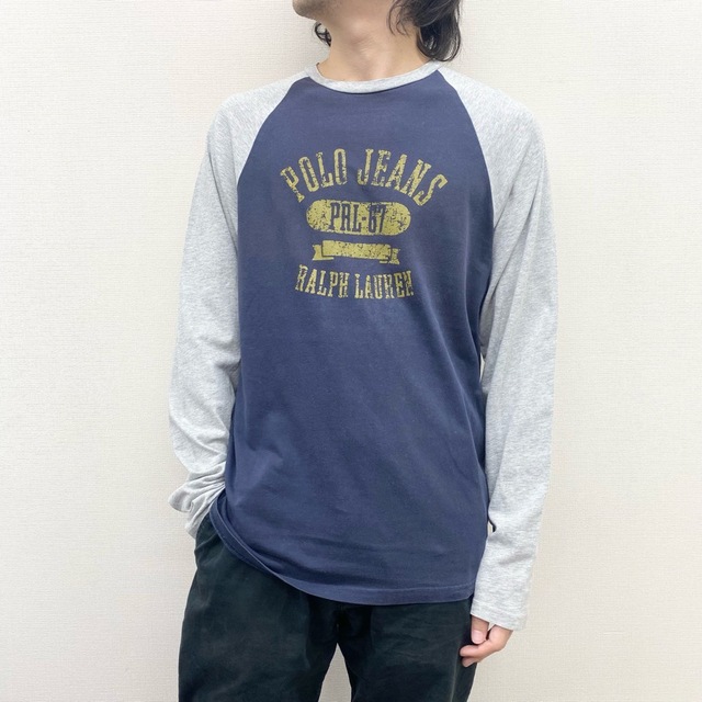 Ralph Lauren(ラルフローレン)のUS古着 ポロジーンズ ラルフローレン ロンT ラグランTシャツ 長袖 POLO JEANS サイズ：メンズ M ネイビー×グレー【中古】 メンズのトップス(Tシャツ/カットソー(半袖/袖なし))の商品写真