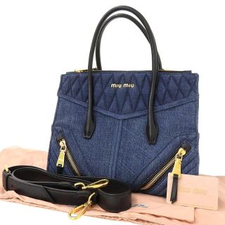 【本物保証】 美品 ミュウミュウ MIUMIU ナッパバイヤー 2WAY バッグ デニム レザー 青 黒 RN1031