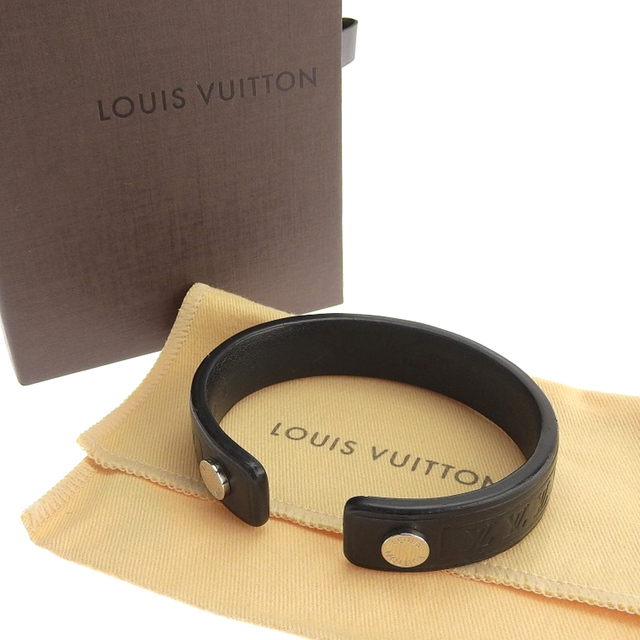 【本物保証】 箱・布袋付 ルイヴィトン LOUIS VUITTON オープンカフ ブレスレット レザー ブラック 希少 レア M6202