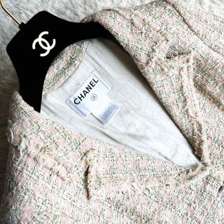 美品 CHANEL シャネル サマーツイード ピンク グリーン ココ スーツ