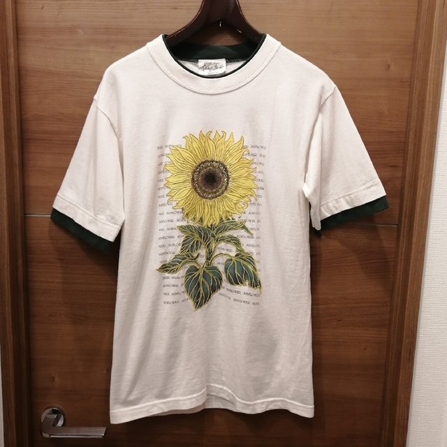 90s USA製 ヒマワリ ひまわり 向日葵 絵画 プリント 半袖 Tシャツ生成り×グリーン立体的デザイン