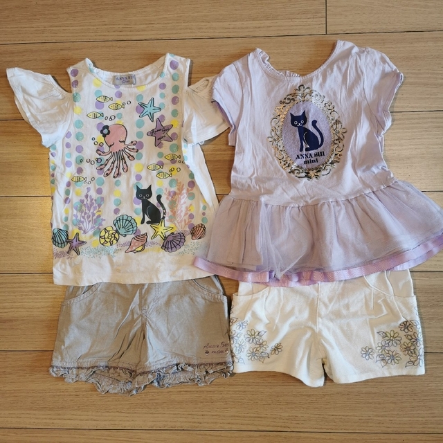 ANNA SUI mini(アナスイミニ)のアナスイミニ チュール肩開きTシャツ&ショートパンツ 4枚セット キッズ/ベビー/マタニティのキッズ服女の子用(90cm~)(Tシャツ/カットソー)の商品写真