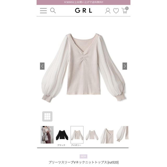 GRL(グレイル)のグレイル プリーツスリーブVネックニットトップス レディースのトップス(シャツ/ブラウス(長袖/七分))の商品写真