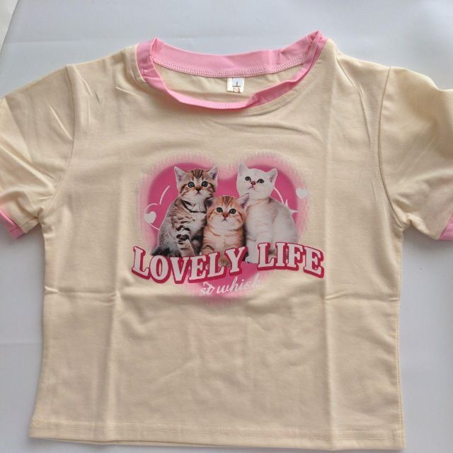 Y2K 韓国 ショート丈 猫ねこプリント デザインTシャツM 半袖 レディース