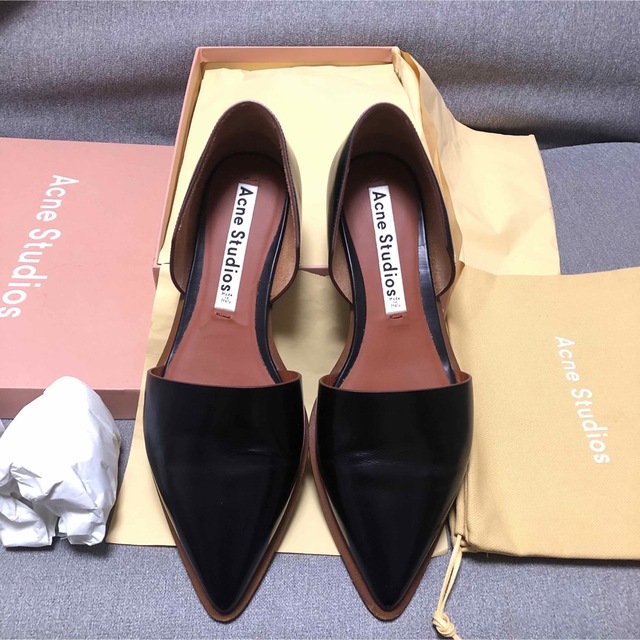 美品 アクネ acne フラットパンプス 黒レザー サンダル ミュール 春夏