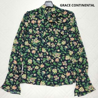 グレースコンチネンタル(GRACE CONTINENTAL)の美品✨グレースコンチネンタル 花柄 ボウタイブラウス 36 S M 紺(シャツ/ブラウス(長袖/七分))