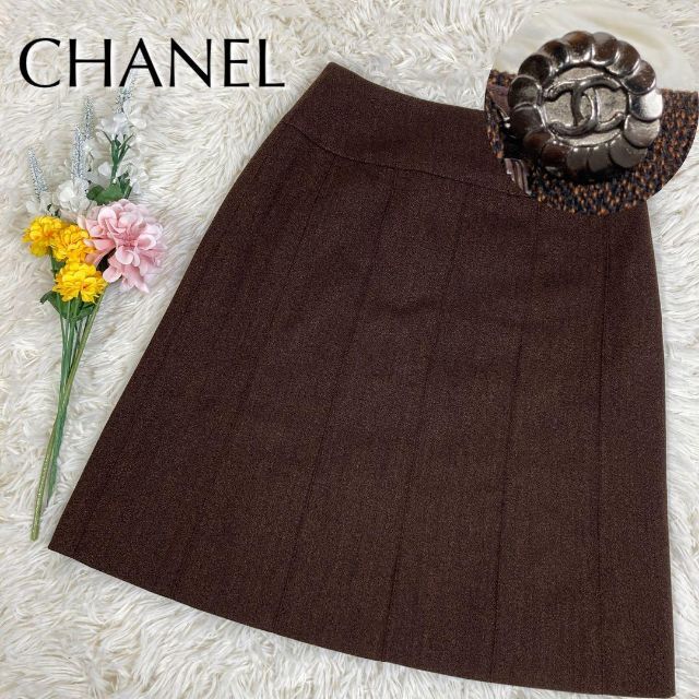 極美品・シルク100％】CHANEL ツイードスカート CCボタン 茶 38 国内初