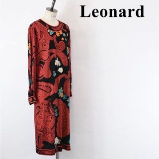 レオナール LEONARD PARIS ワンピース ドレス シルク ジャージー 花柄 総柄 レディース リボンタイ付き 40(M相当) レッド