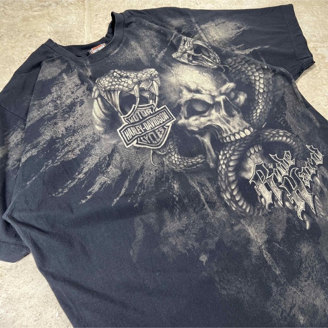 希少プリント】ハーレーダビッドソン Tシャツ 両面 大判 全面 髑髏 蛇