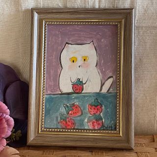絵画。原画手描き【いちごを食べるのが好きなかわいい白い猫】(絵画/タペストリー)