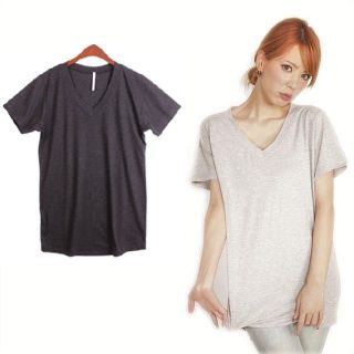 【新品】ゆる VネックTシャツ ゆったり 無地 半袖 ロンT ダークグレー(Tシャツ(半袖/袖なし))