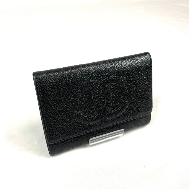 美品　CHANEL キャビアスキン　ロゴ　レザー　三つ折り財布