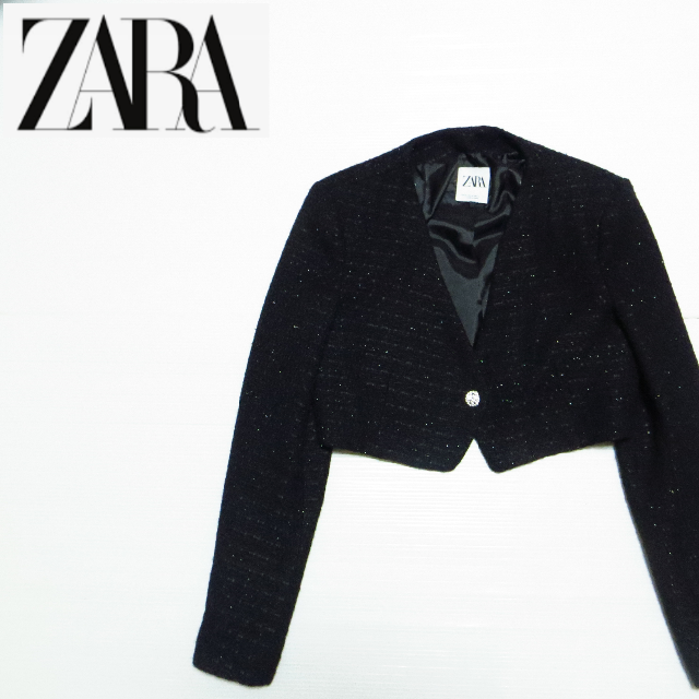 ZARA(ザラ)の美品 ZARA ザラツイード ノーカラージャケット M レディースのジャケット/アウター(ノーカラージャケット)の商品写真