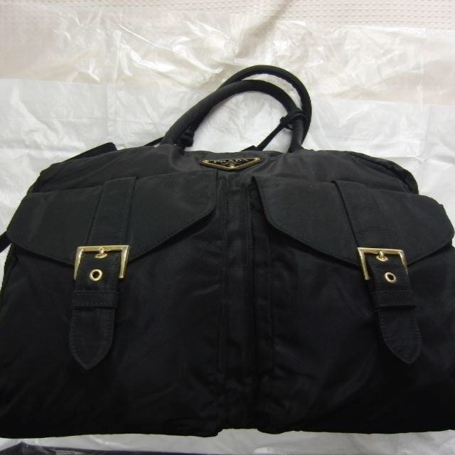 ●14万PRADAプラダWポケット黒ボストンバッグ中大GOLD鍵有●美品 - 1