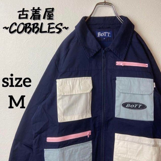 人気マルチポケット】BoTTネイビー古着ハンティングジャケット刺繍ロゴ