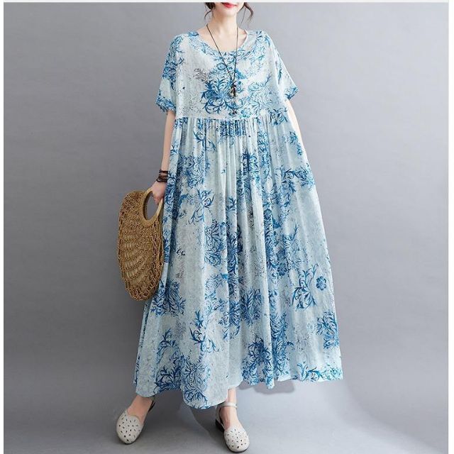 大きいサイズ レディース ロング ワンピース ブルー 春夏 秋 新品 半袖