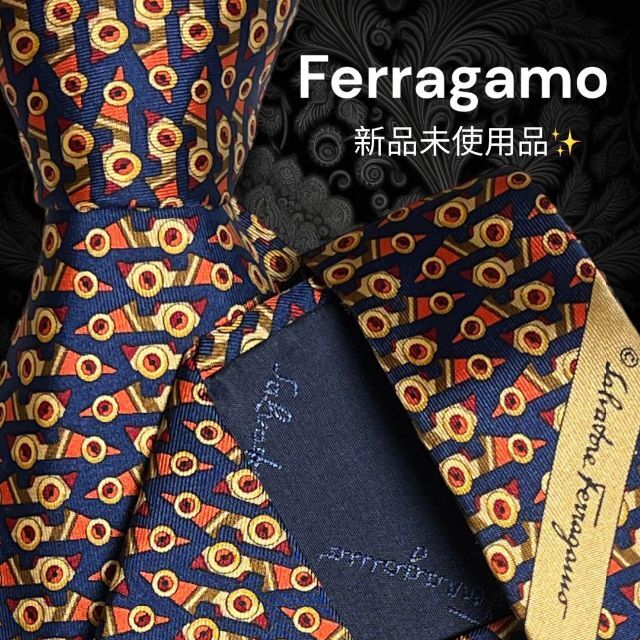 【高級ネクタイ✨️美品✨️】Ferragamo ブラック系 総柄