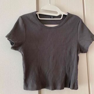 ユニクロ(UNIQLO)の美品　ユニクロ　リブ　カットソー　L ショート丈　グレー(カットソー(半袖/袖なし))