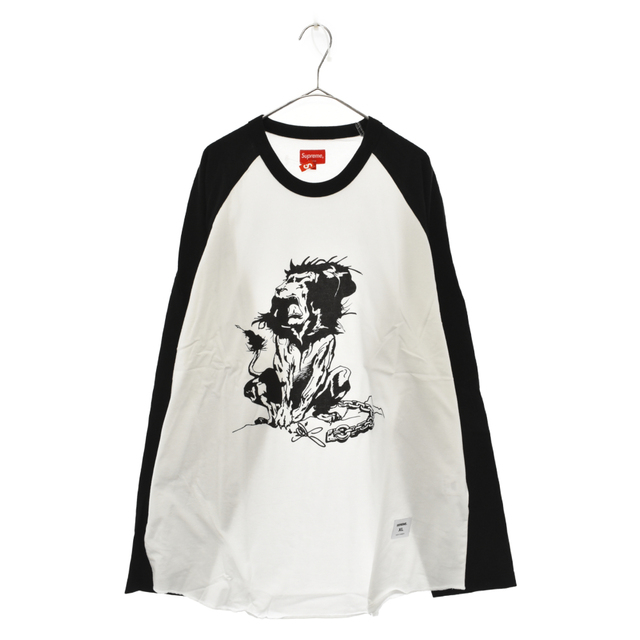 SUPREME シュプリーム 18SS Lion Raglan Baseball Top ライオン ラグランベースボールトップ 長袖Tシャツ ホワイト/ブラック