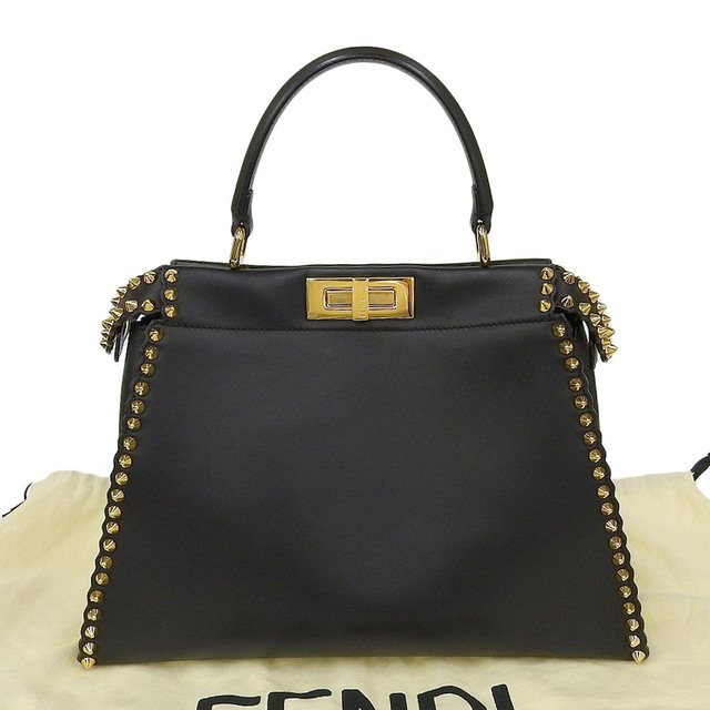 メイン開閉【本物保証】 布袋付 美品 フェンディ FENDI ピーカブー スタッズ ハンドバッグ レザー 黒 ブラック