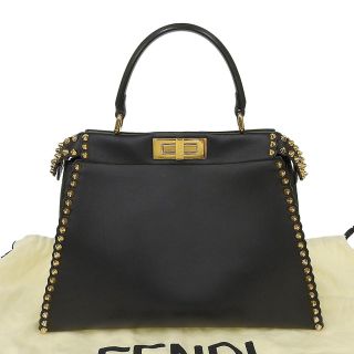 フェンディ(FENDI)の【本物保証】 布袋付 美品 フェンディ FENDI ピーカブー スタッズ ハンドバッグ レザー 黒 ブラック(ハンドバッグ)