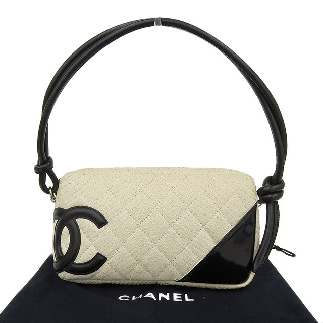 約3cmショルダー【本物保証】 布袋付 美品 シャネル CHANEL カンボンライン ショルダーポーチ パイソン 白 黒 ホワイト ブラック シール付 9番台 希少 レア