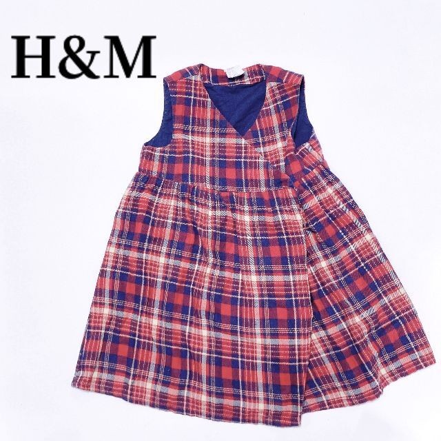 H&M(エイチアンドエム)のH&MエイチアンドアムVネックカシュクールワンピースチェック柄レッド90 キッズ/ベビー/マタニティのキッズ服女の子用(90cm~)(ワンピース)の商品写真