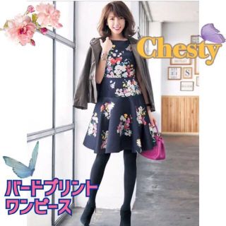 大人気完売品♡ Chesty ♡ ワンピース ♡ 花柄 ♡小鳥柄 ♡ネイビー(ひざ丈ワンピース)