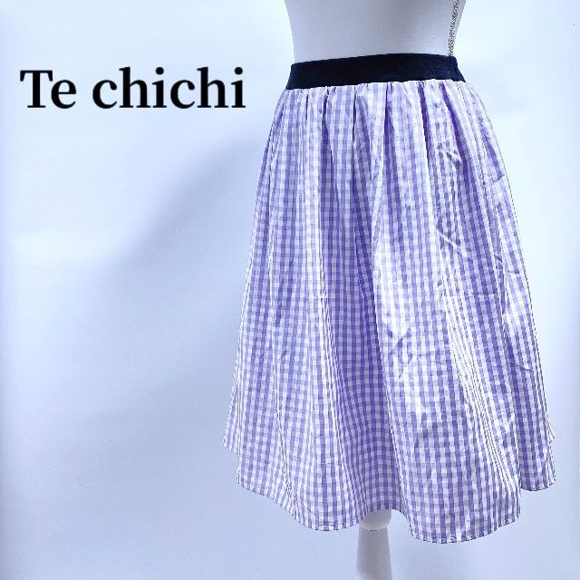 Te chichiテチチギンガムチェックスカートパープルM膝丈ウエストゴムフレア レディースのスカート(ひざ丈スカート)の商品写真