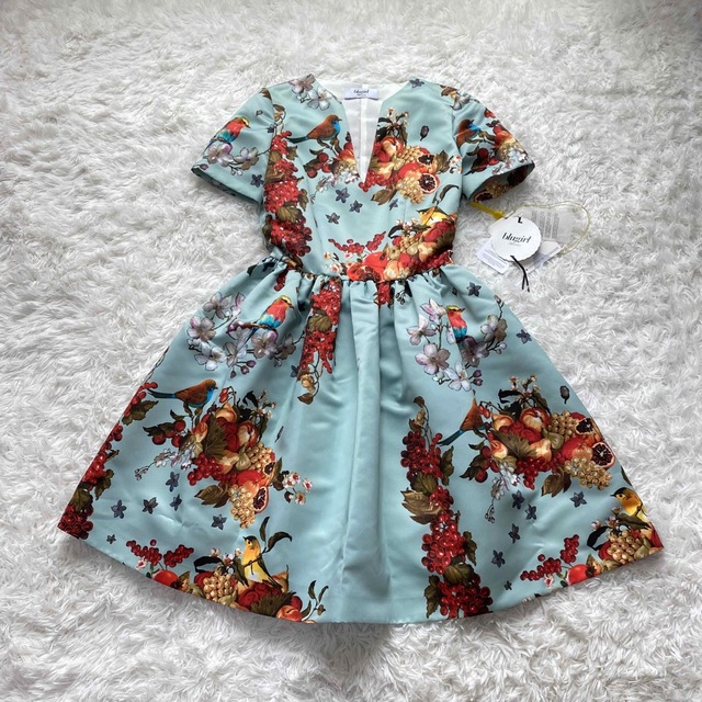 美品✨ブルーガール ワンピース 春服 とり 果物 ドレス L 夏服 バード