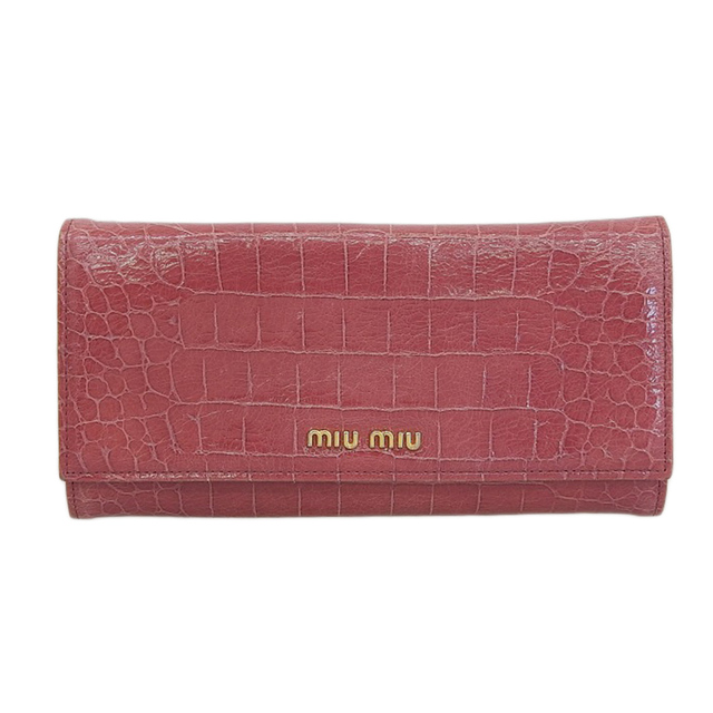 【本物保証】 ミュウミュウ MIUMIU クロコ型押し ホック付 フラップ 長財布 紫系 5M1183