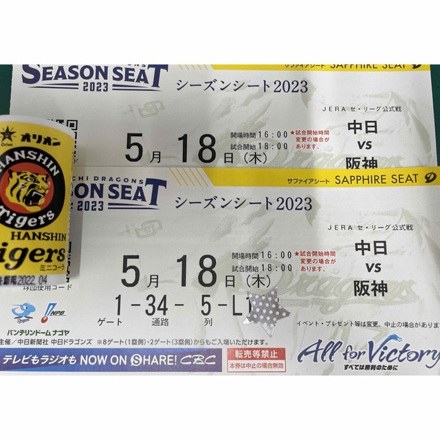 中日ドラゴンズ5/18(木)阪神vs中日　内野S席5列目　三塁側通路から2席　バンテリンドーム