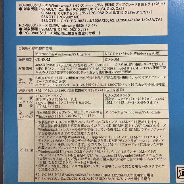 NEC - PC-9800用 Windows95 Upgrade アップグレードパッケージの NEC - PC-9800用 Windows95 Upgrade アップグレードパッケージの