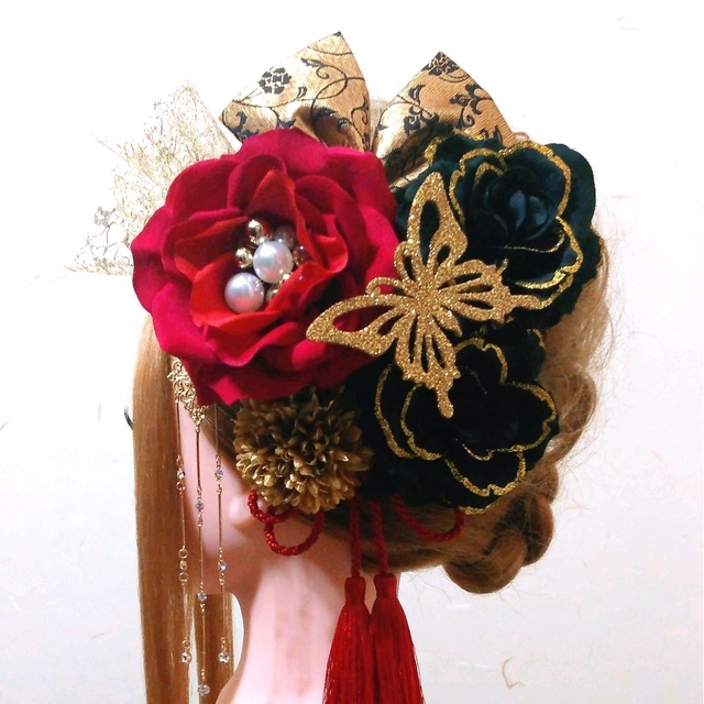 髪飾りViVi～簪&金ラメ蝶・赤×黒薔薇～成人式 結婚式 卒業式 振袖 髪飾り