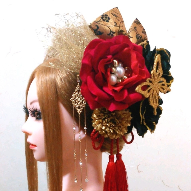 髪飾りViVi～簪&金ラメ蝶・赤×黒薔薇～成人式 結婚式 卒業式 振袖 髪飾り