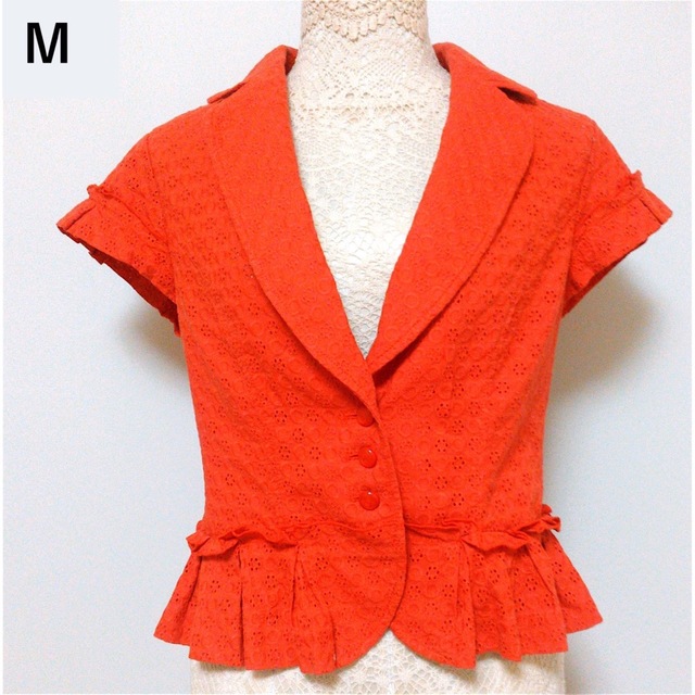 美品　コットンレース　半袖　フリル　ジャケット　濃オレンジ　橙色 レディースのジャケット/アウター(ブルゾン)の商品写真