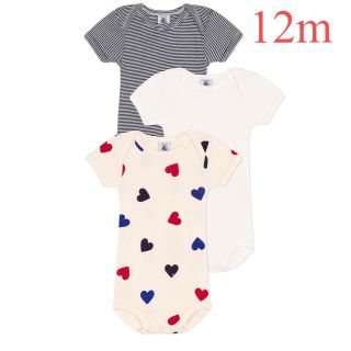 プチバトー(PETIT BATEAU)の新品 プチバトー 半袖 ボディ３枚組 ハート トリコロール 12m(肌着/下着)