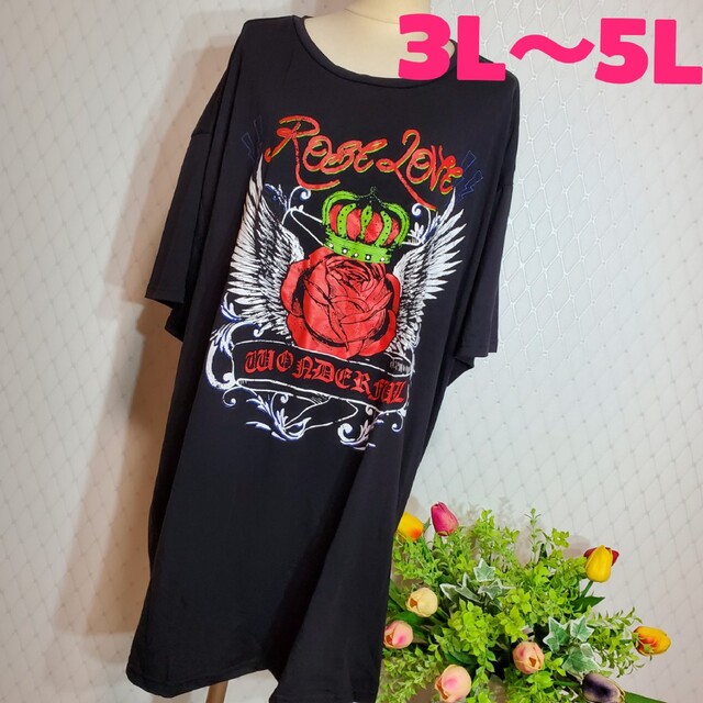 639大冠&薔薇プリントドロップショルダーTシャツ『3L～』 レディースのトップス(Tシャツ(半袖/袖なし))の商品写真