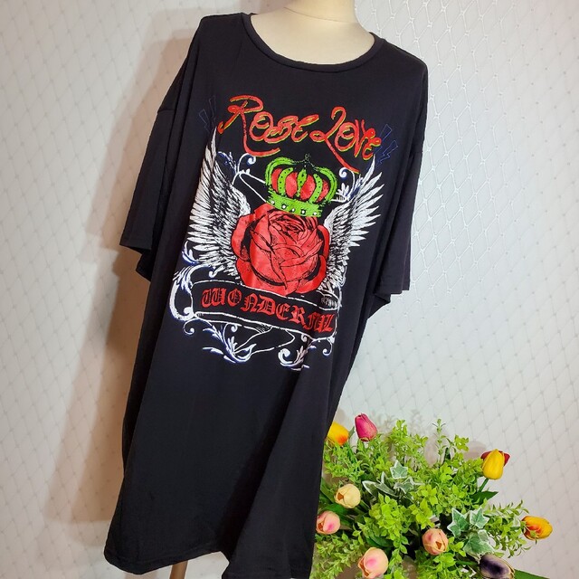 639大冠&薔薇プリントドロップショルダーTシャツ『3L～』 レディースのトップス(Tシャツ(半袖/袖なし))の商品写真