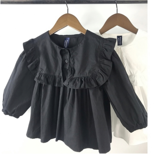 90サイズ 黒ブラック ルーズフリルシャツ 韓国子供服 キッズ/ベビー/マタニティのキッズ服女の子用(90cm~)(ブラウス)の商品写真