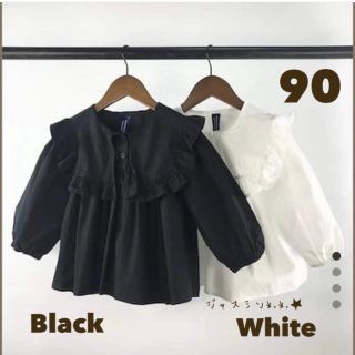 90サイズ 黒ブラック ルーズフリルシャツ 韓国子供服(ブラウス)