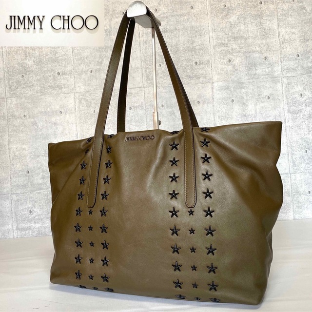 JIMMY CHOO(ジミーチュウ)の【極美品】JIMMY CHOO PIMLICO カーキ スタッズ トートバッグ レディースのバッグ(トートバッグ)の商品写真