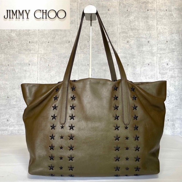 JIMMY CHOO(ジミーチュウ)の【極美品】JIMMY CHOO PIMLICO カーキ スタッズ トートバッグ レディースのバッグ(トートバッグ)の商品写真