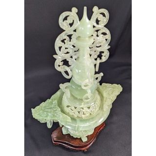 ソフトパープル 未使用 岫玉 天然石 特大香炉 遊環 龍耳 四足 透かし