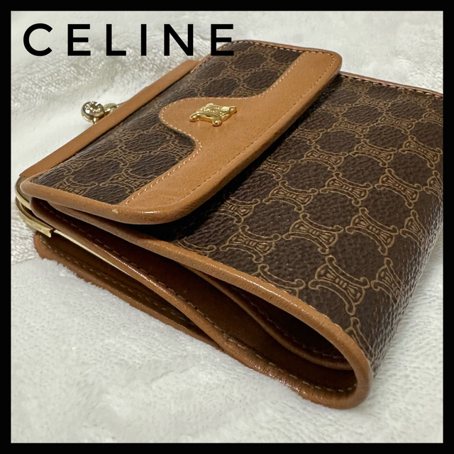 美品! CELINE セリーヌ マカダム トリオンフ 金具 がま口財布 折り