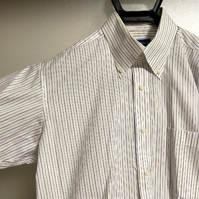 メンズ　シャツ　半袖　半そで　パープル　ストライプ シャツ　ストライプ スーツ メンズのトップス(シャツ)の商品写真